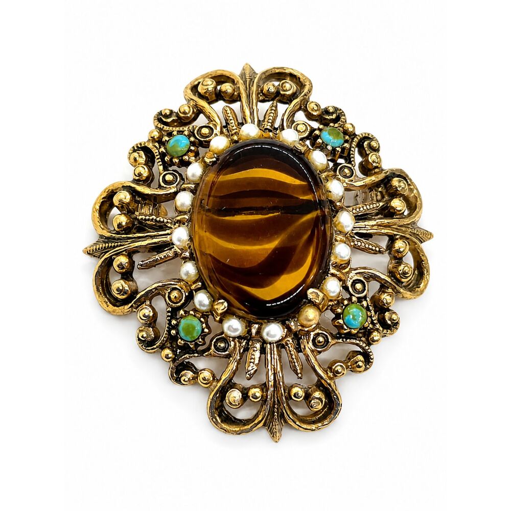 VINTAGE FLORENZA BROOCH Tiger Eye Glass Faux Pearl Turquoise Gold Tone Pin